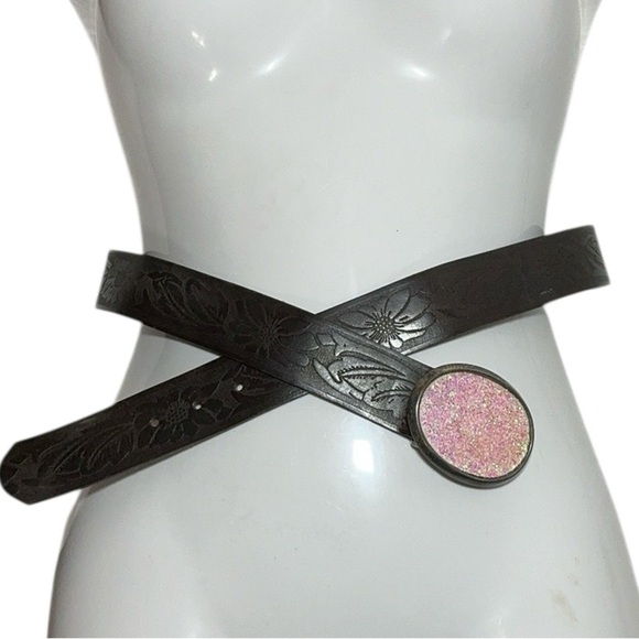 Italian Leather Belt Floral Embossed Western Design Glitter Buckle - Picture 1 of 10